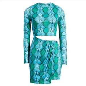 AFRM: Iman Snakeskin Print Cutout Long Sleeve Minidress in Teal Snake – Med